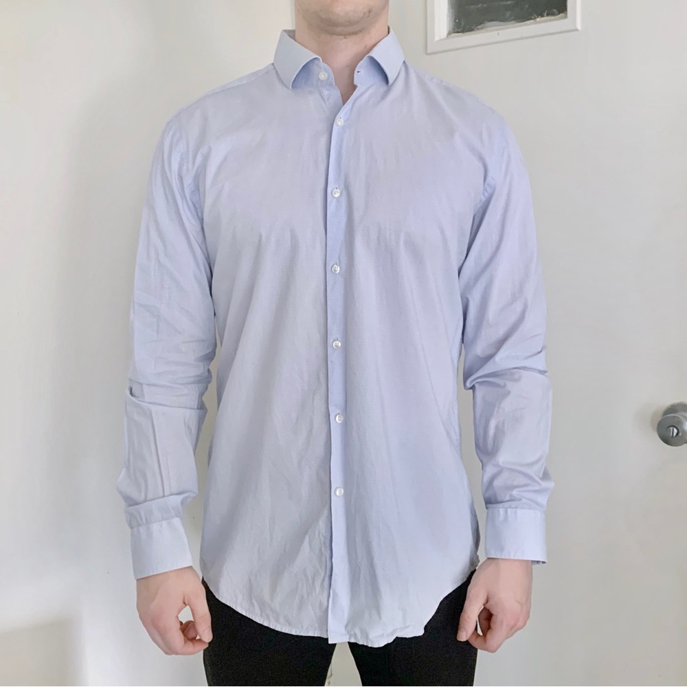 Hugo Boss light blue dress shirt office wedding designer business casual preppy